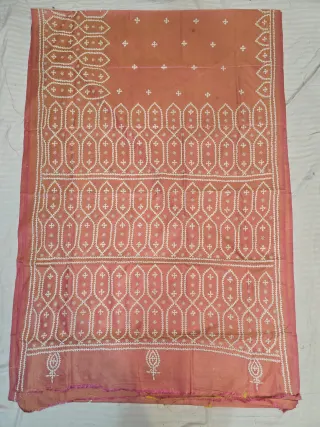 Peach Hand Embroidered Gujarati Stitch Blended Bangalore Silk Saree