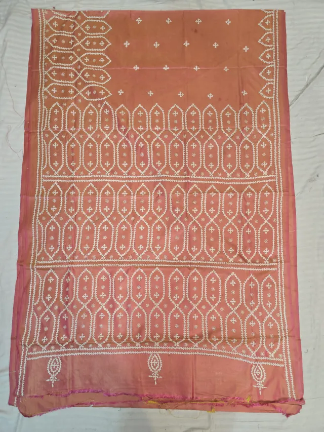 Peach Hand Embroidered Gujarati Stitch Blended Bangalore Silk Saree