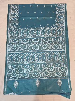 Ocean Teal Hand Embroidered Gujarati Stitch Blended Bangalore Silk Saree