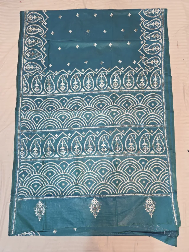 Ocean Teal Hand Embroidered Gujarati Stitch Blended Bangalore Silk Saree