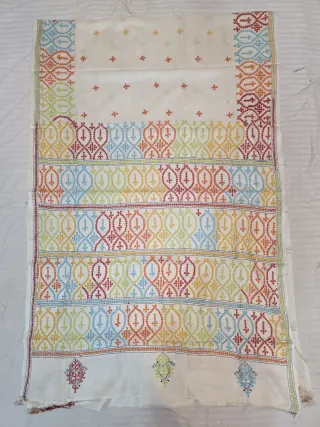 Off-White Multi-Colour Hand Embroidered Gujarati Stitch Blended Bangalore Silk Saree