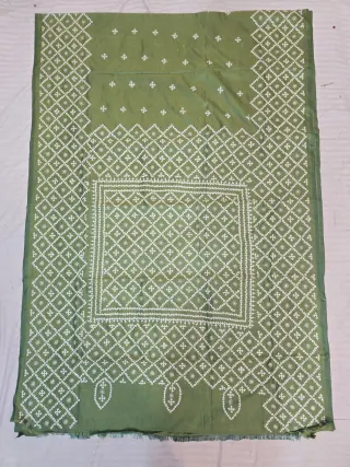 Olive Green Hand Embroidered Gujarati Stitch Blended Bangalore Silk Saree