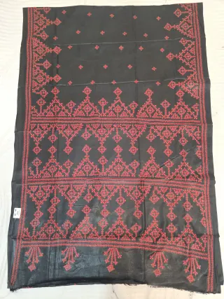Black and Red Hand Embroidered Gujarati Stitch Blended Bangalore Silk Saree