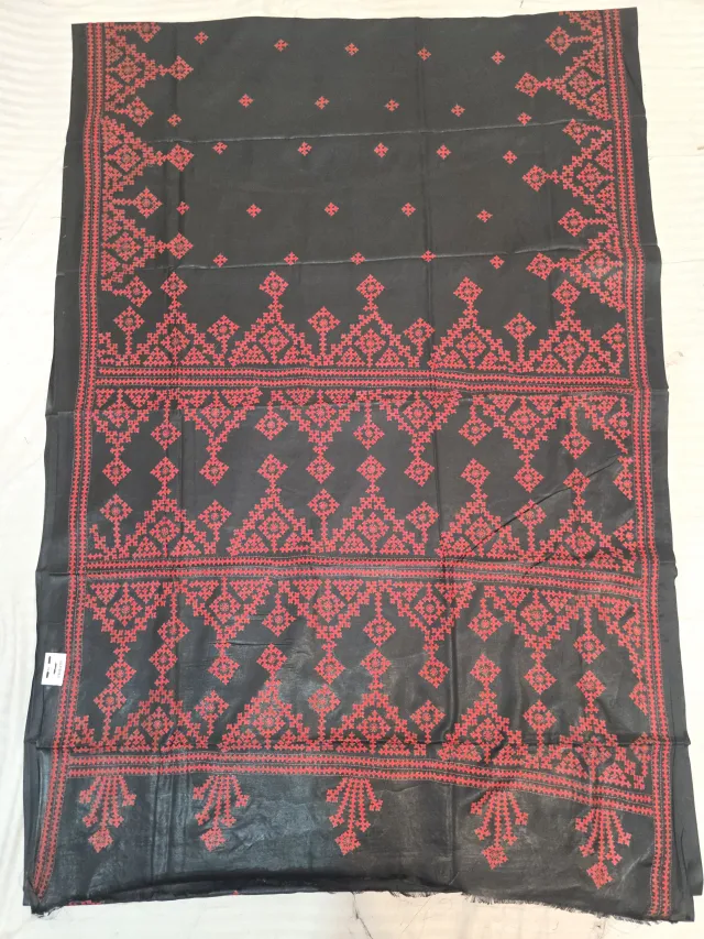 Black and Red Hand Embroidered Gujarati Stitch Blended Bangalore Silk Saree