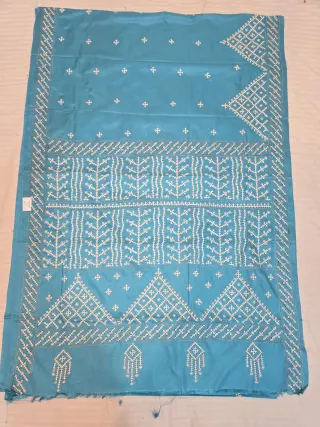 Sky Blue Hand Embroidered Gujarati Stitch Blended Bangalore Silk Saree