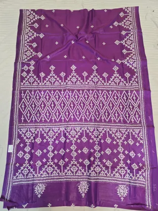 Magenta Violet Hand Embroidered Gujarati Stitch Blended Bangalore Silk Saree