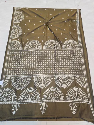 Olive Bronze Hand Embroidered Gujarati Stitch Blended Bangalore Silk Saree