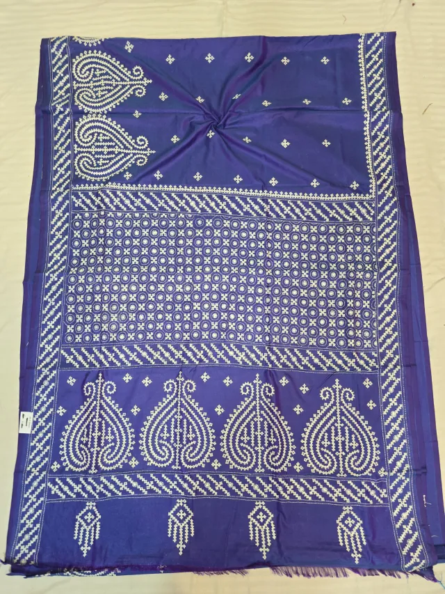 Royal Indigo Blue Hand Embroidered Gujarati Stitch Blended Bangalore Silk Saree