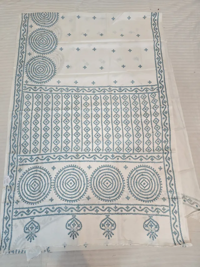 White and Teal Blue Hand Embroidered Gujarati Stitch Blended Bangalore Silk Saree