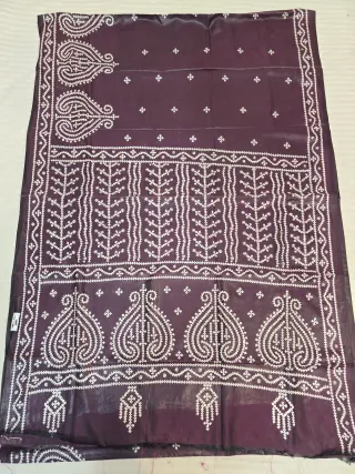 Wine Aubergine Hand Embroidered Gujarati Stitch Blended Bangalore Silk Saree
