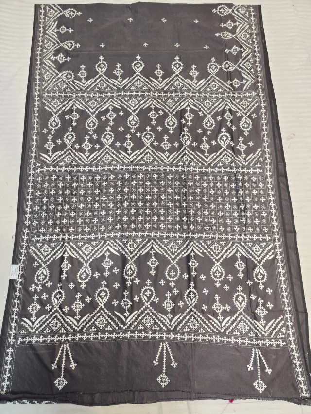 Charcoal Grey Hand Embroidered Gujarati Stitch Blended Bangalore Silk Saree
