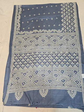 Slate Blue Hand Embroidered Gujarati Stitch Blended Bangalore Silk Saree