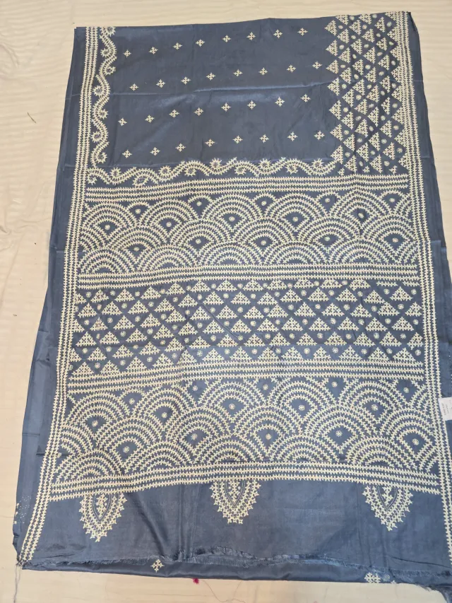 Slate Blue Hand Embroidered Gujarati Stitch Blended Bangalore Silk Saree