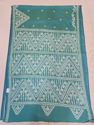 Peacock Teal Green Hand Embroidered Gujarati Stitch Blended Bangalore Silk Saree