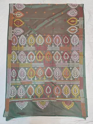 Sage Moss Green Multi-Colour Hand Embroidered Gujarati Stitch Blended Bangalore Silk Saree