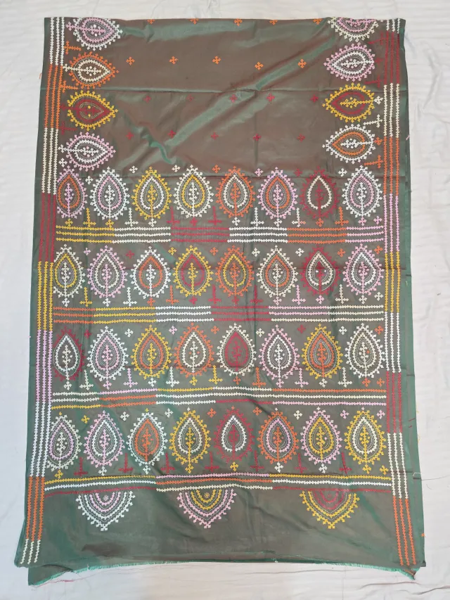 Sage Moss Green Multi-Colour Hand Embroidered Gujarati Stitch Blended Bangalore Silk Saree