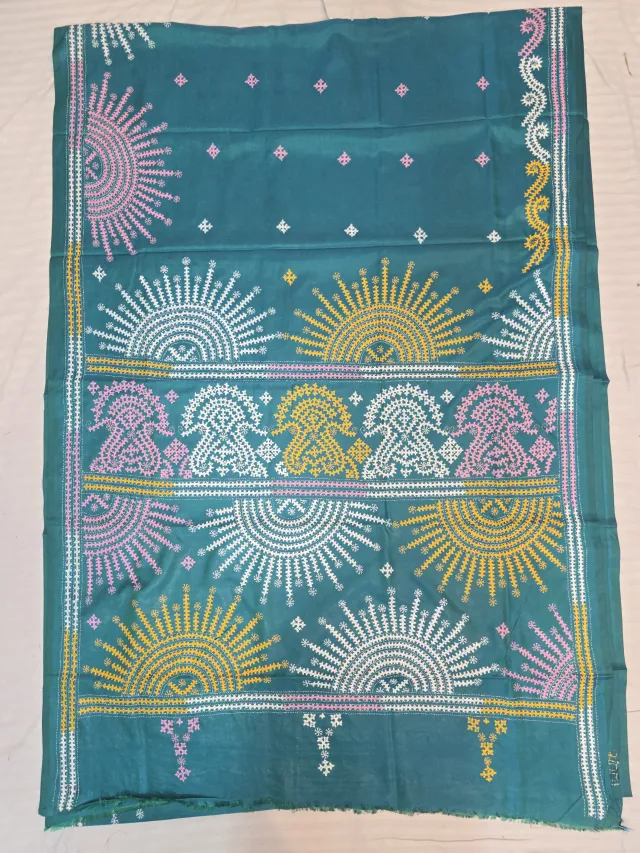 Ocean Teal Multi-Colour Hand Embroidered Gujarati Stitch Blended Bangalore Silk Saree