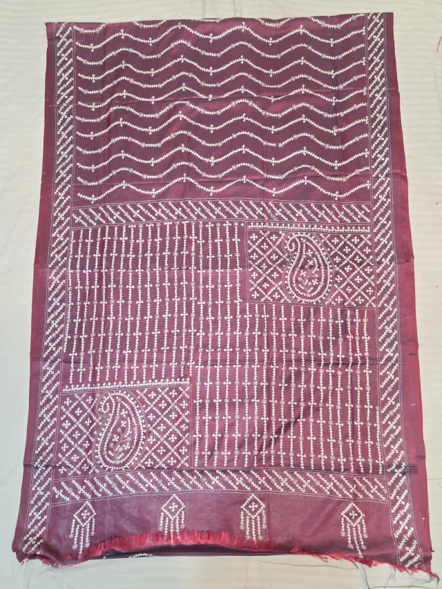 Wine Burgundy Hand Embroidered Gujarati Stitch Blended Bangalore Silk Saree