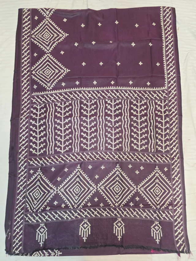Plum Violet Hand Embroidered Gujarati Stitch Blended Bangalore Silk Saree