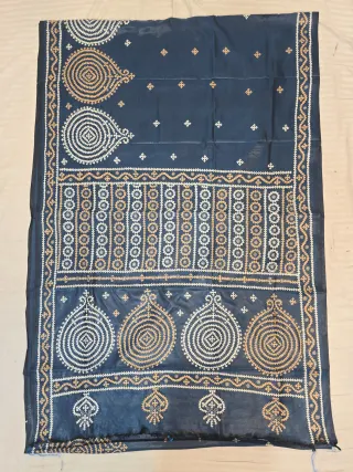 Midnight Blue Hand Embroidered Gujarati Stitch Blended Bangalore Silk Saree