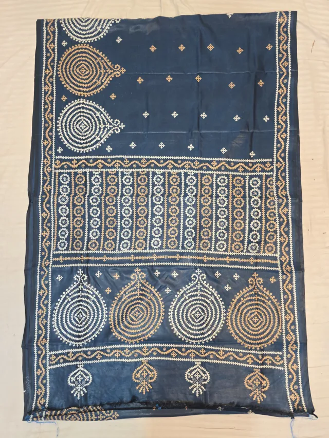 Midnight Blue Hand Embroidered Gujarati Stitch Blended Bangalore Silk Saree