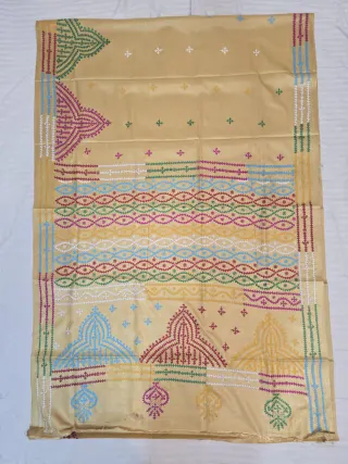 Sand Beige Multi-Colour Hand Embroidered Gujarati Stitch Blended Bangalore Silk Saree