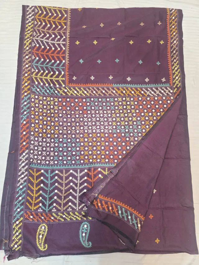Plum Purple Multi-Colour Hand Embroidered Gujarati Stitch Maika Mirror Work Blended Bangalore Silk Saree