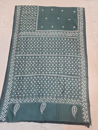 Pine Teal Green Hand Embroidered Gujarati Stitch Maika Mirror Work Blended Bangalore Silk Saree