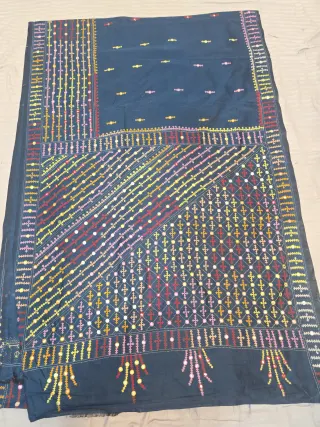 Peacock Blue Multi-Colour Hand Embroidered Gujarati Stitch Maika Mirror Work Blended Bangalore Silk Saree