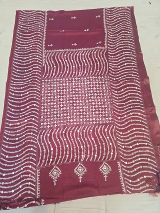Chocolate Maroon Hand Embroidered Gujarati Stitch Maika Mirror Work Blended Bangalore Silk Saree
