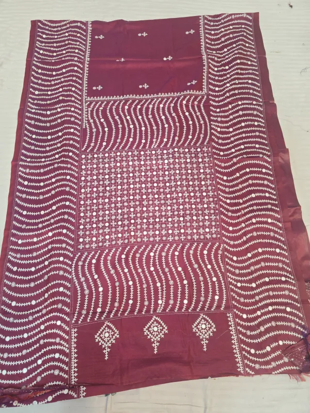 Chocolate Maroon Hand Embroidered Gujarati Stitch Maika Mirror Work Blended Bangalore Silk Saree