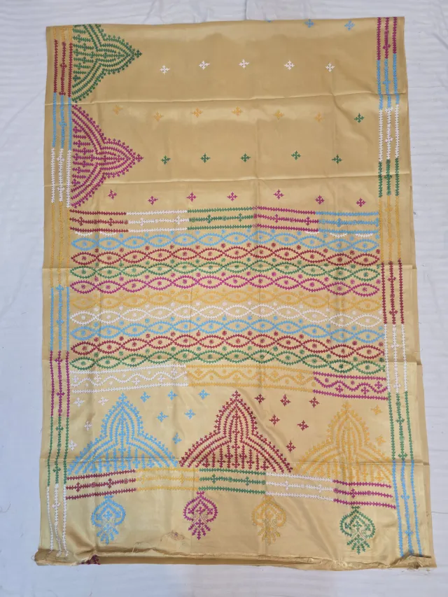 Mustard Yellow Multi-Colour Hand Embroidered Gujarati Stitch Blended Bangalore Silk Saree