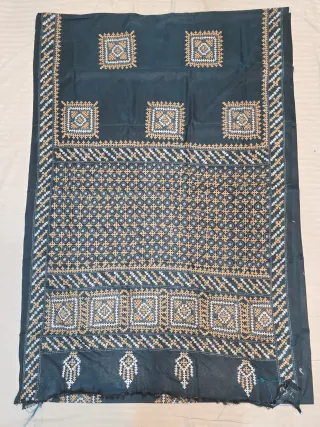 Bottle Green Hand Embroidered Gujarati Stitch Blended Bangalore Silk Saree