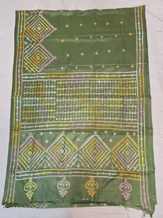 Olive Green Multi-Colour Hand Embroidered Gujarati Stitch Blended Bangalore Silk Saree