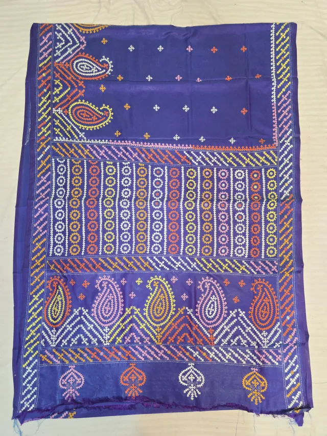 Deep Purple Multi-Colour Hand Embroidered Gujarati Stitch Blended Bangalore Silk Saree
