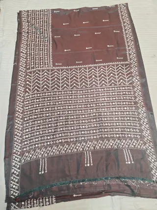 Dual-Tone Chocolate Brown with Bottle Green Hand Embroidered Gujarati Stitch Maika Mirror Work Blended Bangalore Silk Saree