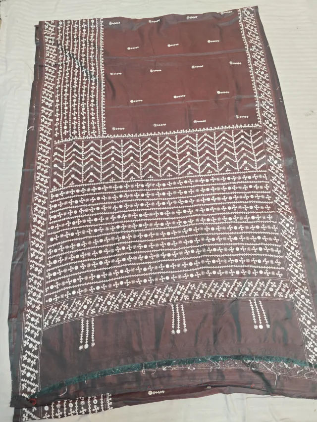 Dual-Tone Chocolate Brown with Bottle Green Hand Embroidered Gujarati Stitch Maika Mirror Work Blended Bangalore Silk Saree
