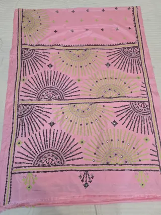 Baby Pink Hand Embroidered Gujarati Stitch Maika Mirror Work Blended Bangalore Silk Saree