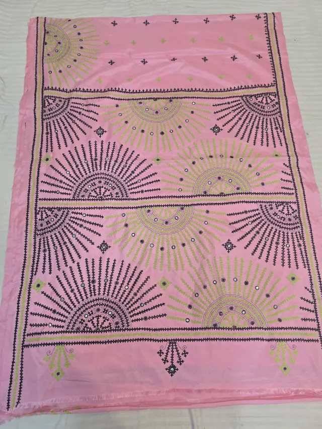 Baby Pink Hand Embroidered Gujarati Stitch Maika Mirror Work Blended Bangalore Silk Saree