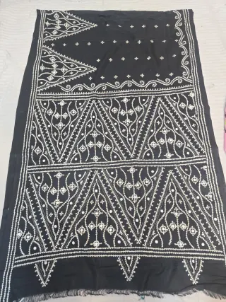 Jet Black Hand Embroidered Gujarati Stitch Maika Mirror Work Blended Bangalore Silk Saree