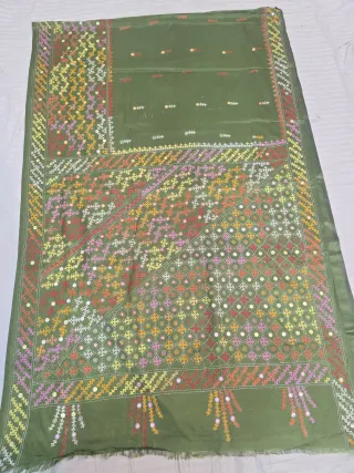 Olive Green Multi-Colour Hand Embroidered Gujarati Stitch Maika Mirror Work Blended Bangalore Silk Saree