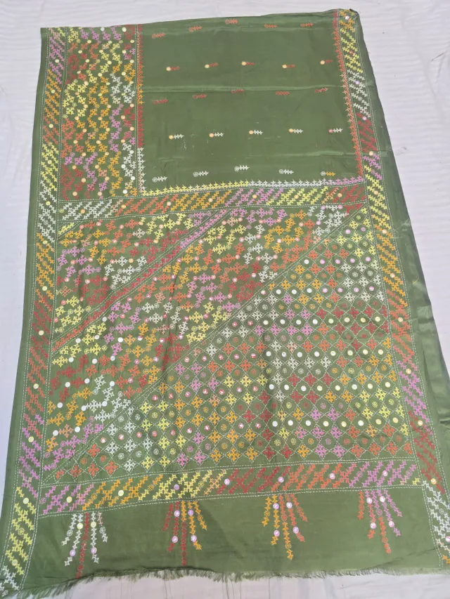 Olive Green Multi-Colour Hand Embroidered Gujarati Stitch Maika Mirror Work Blended Bangalore Silk Saree