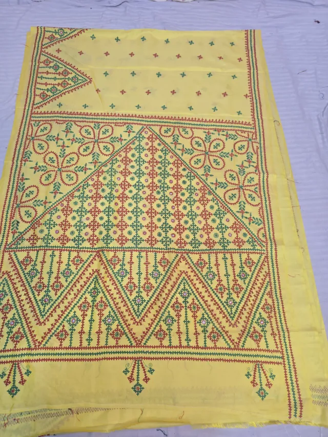 Mustard Yellow Blended Bangalore Silk Saree with All-Over Gujarati Maika Stitch Work