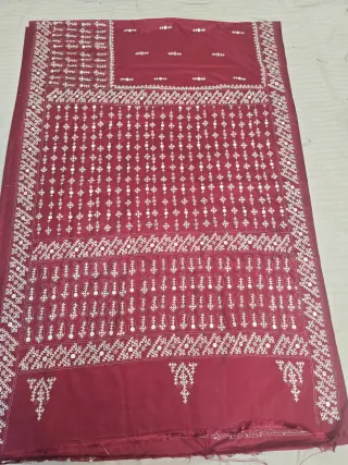 Deep Wine Maroon Blended Bangalore Silk Saree with White Resham Gujarati Maika Stitch Work