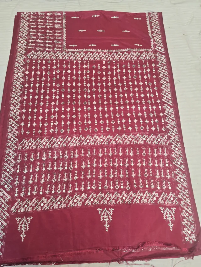 Deep Wine Maroon Blended Bangalore Silk Saree with White Resham Gujarati Maika Stitch Work