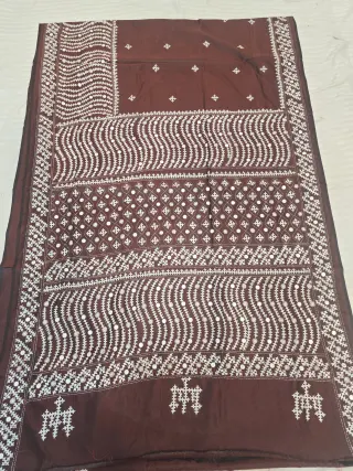 Dark Chocolate Maroon Blended Bangalore Silk Saree with White Thread Gujarati Maika Stitch Work