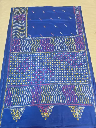 Peacock Blue Blended Bangalore Silk Saree with Multi-Colour Gujarati Maika Stitch Work
