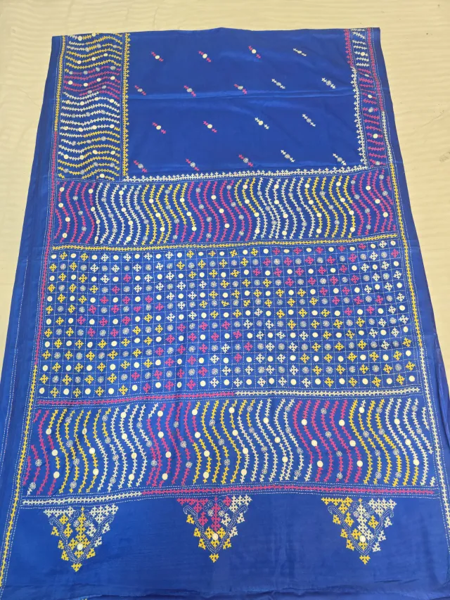 Peacock Blue Blended Bangalore Silk Saree with Multi-Colour Gujarati Maika Stitch Work
