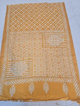 Mustard Yellow Blended Bangalore Silk Saree with Heavy Gujarati Maika Stitch Work
