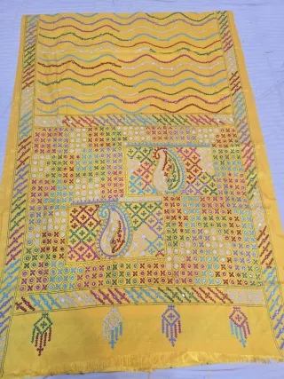 Lemon Yellow Blended Bangalore Silk Saree with Heavy Multicolour Gujarati Maika Stitch Work